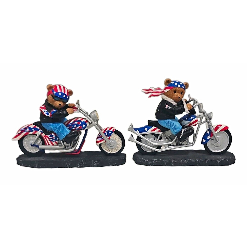 Faithful Fuzzies Biker Bear Figurines Patriotic American Flag Motorcycle Pair